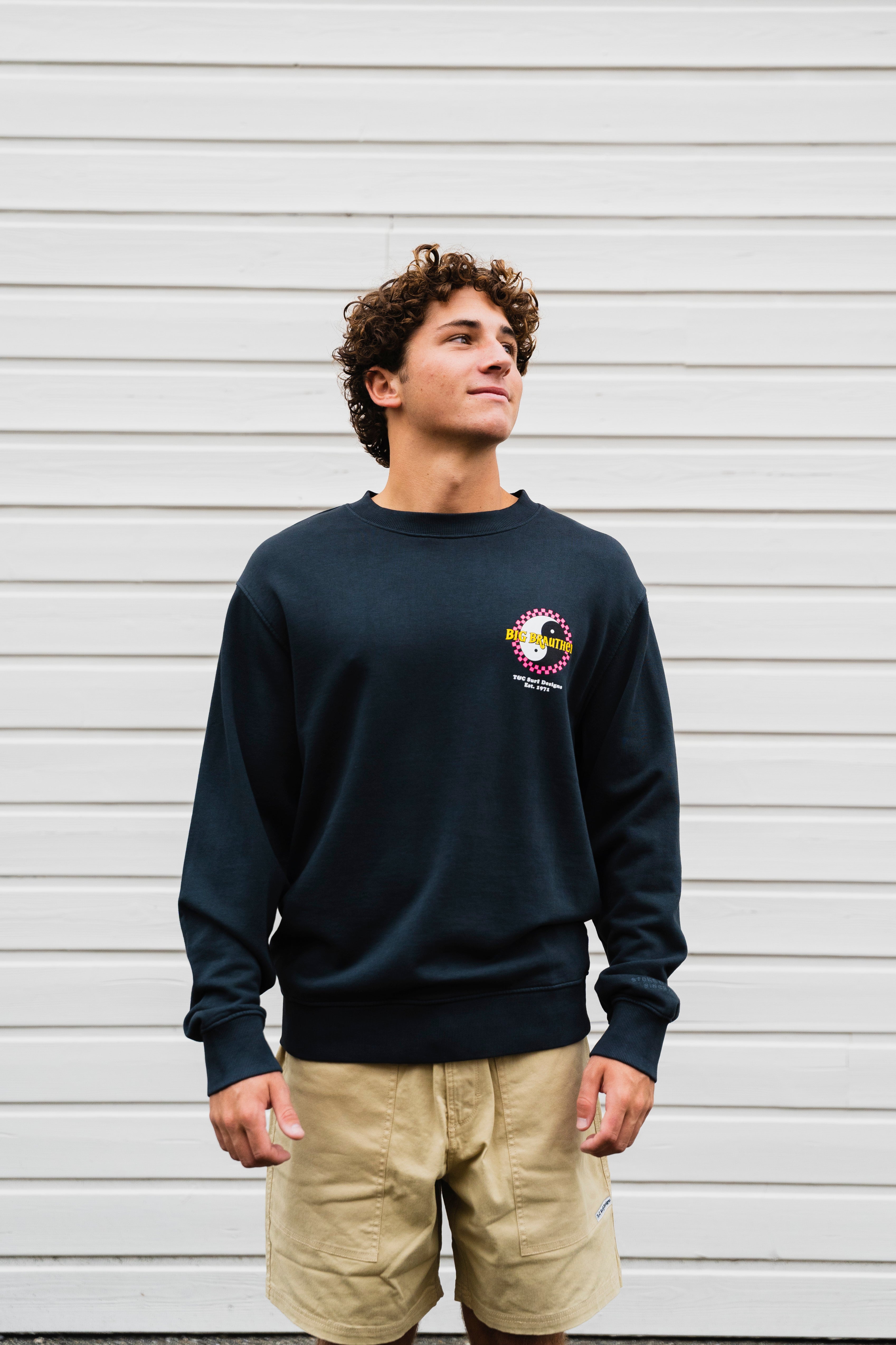 BIG BRAUTHER X T&C Surf Designs Crew Fleece Checky Logo - Washed Black