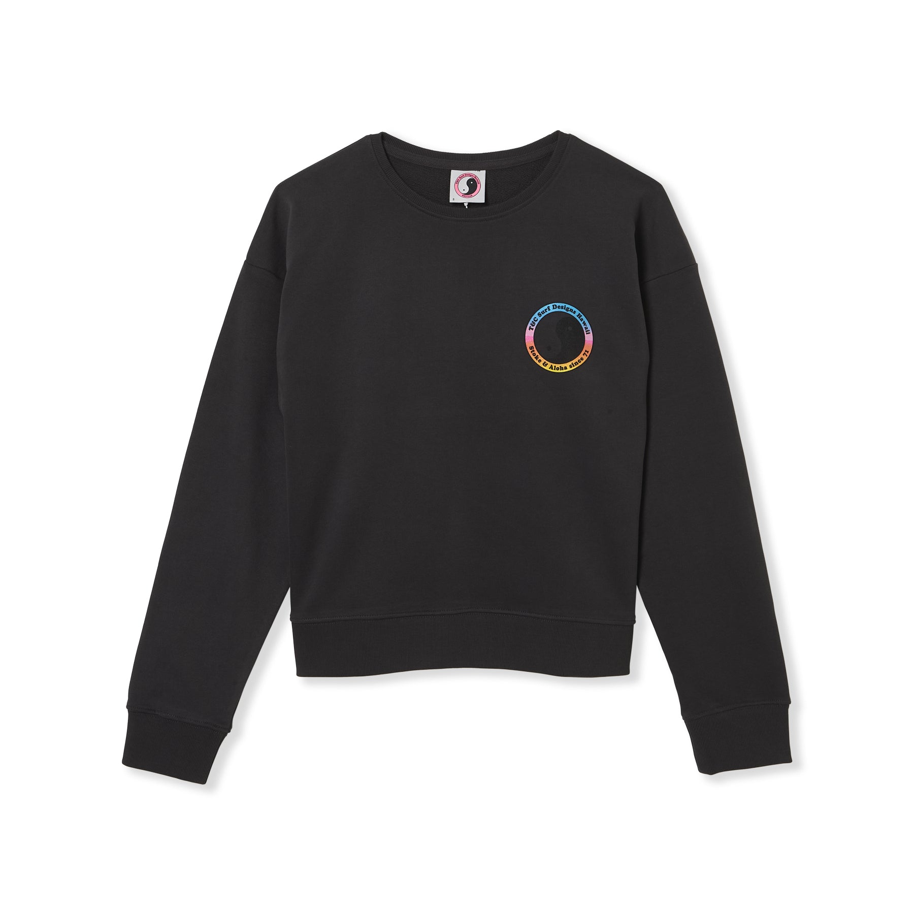 T-shirt T&C Surf Designs YY 71 Crew para mulher, lavagem Sweat-Wash, preta.